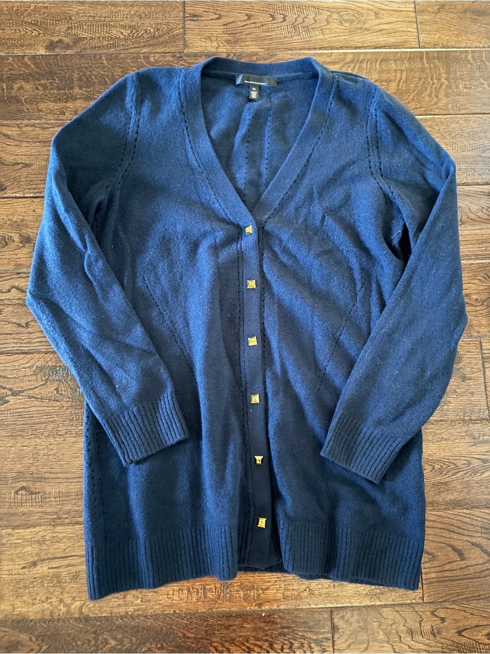 White House Black Market Navy V-Neck Cardigan with Gold Buttons